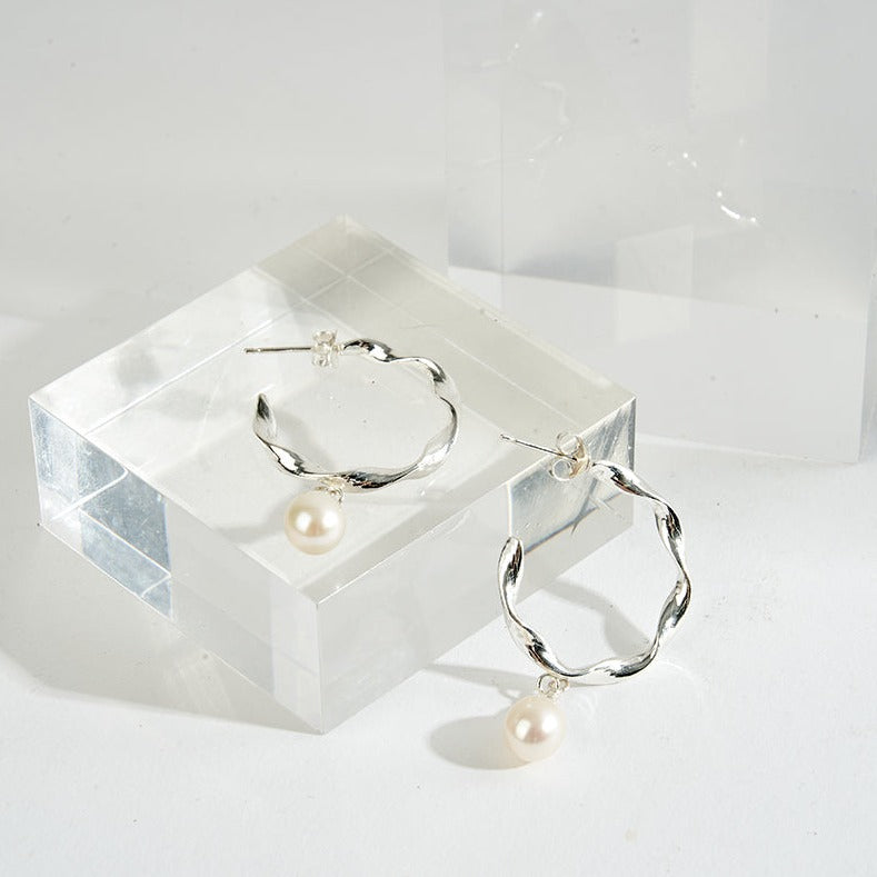 Sterling Silver Pearl Drop Hoop Earrings | Elegant and Modern Design - find pick korea