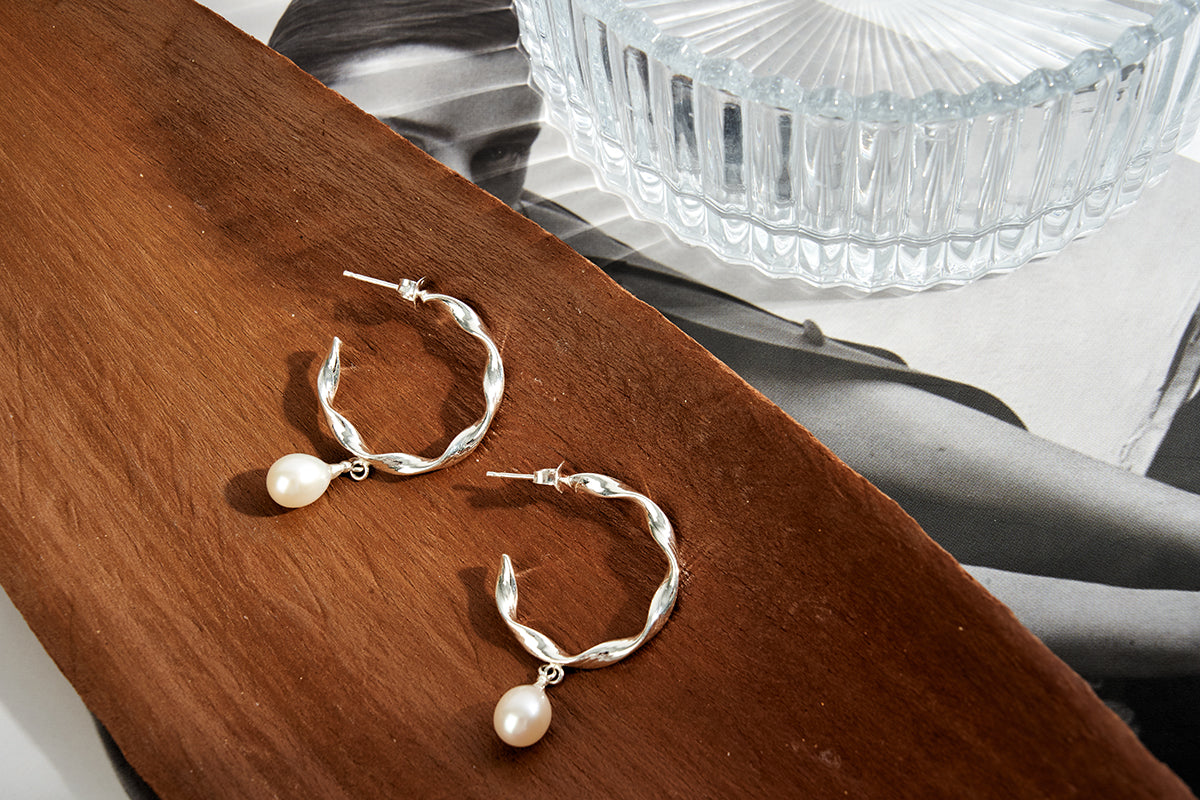 Sterling Silver Pearl Drop Hoop Earrings | Elegant and Modern Design - find pick korea