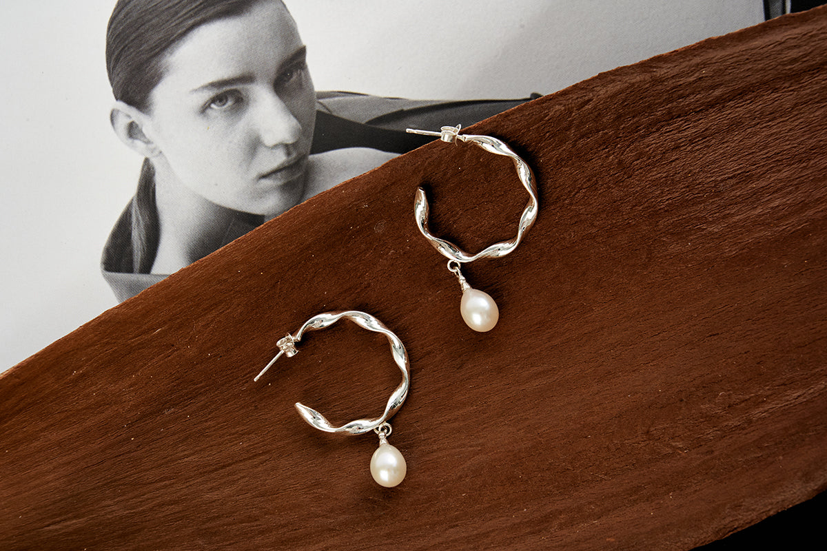 Sterling Silver Pearl Drop Hoop Earrings | Elegant and Modern Design - find pick korea
