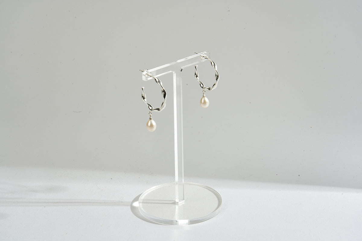 Sterling Silver Pearl Drop Hoop Earrings | Elegant and Modern Design - find pick korea